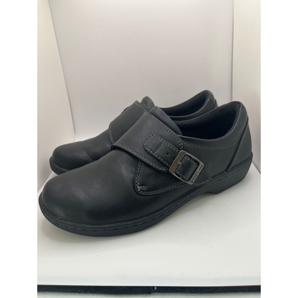 Eastland Leather Monk Strap Buckle Slip On Loafer Women 7.5 Black Low Wedge